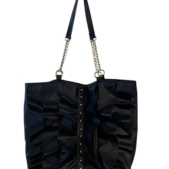 DSW Y2K Large Black Ruffle Gold Studded Tote Bag with Chain Straps - Picture 3 of 8